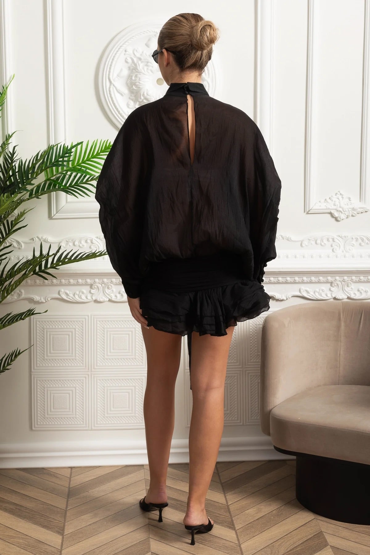Sheer Bow Neck Balloon Sleeve Mini Dress with Ruffle Hem – Black – view 4