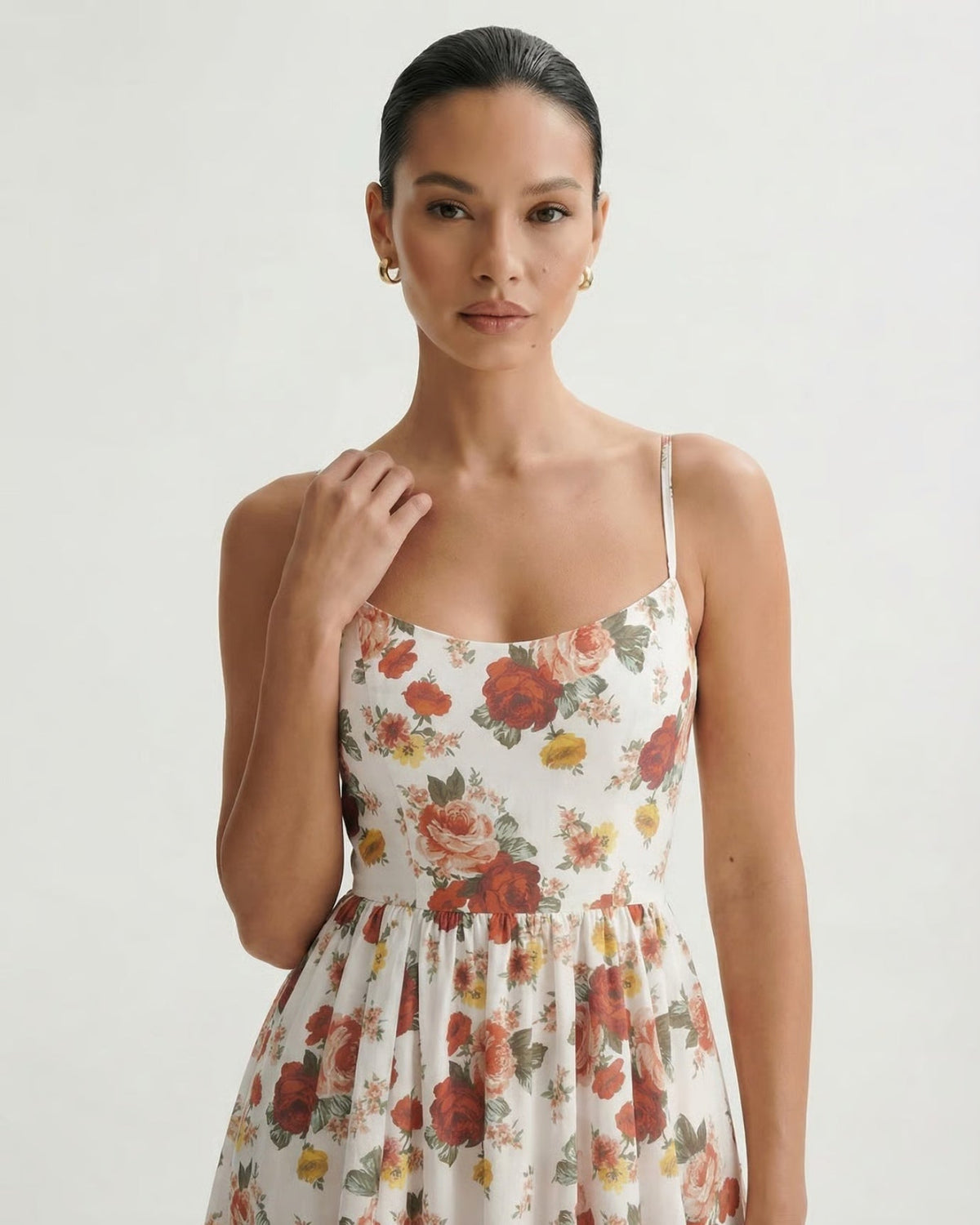 Mira Border Detail Cotton Blend Printed Dress – Red Floral on White – view 5