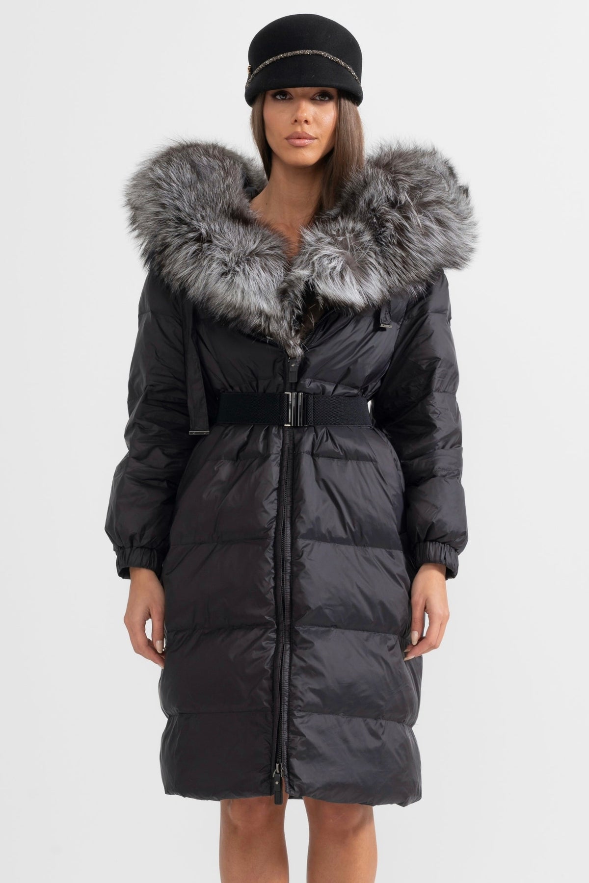 Long Duck Down Puffer Jacket with Grey Lined Hood – Black – view 8