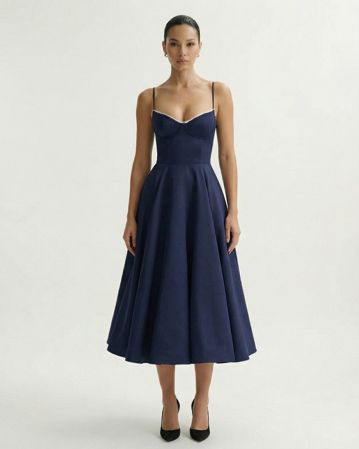 Giulia Duchess Satin Midi Dress with Tulle Underskirt – Navy Blue – view 6