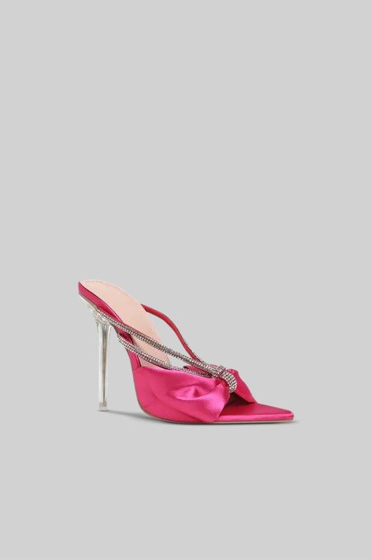 Embellished Satin Ribbon Sandals with Transparent 11cm Heel – Fuchsia