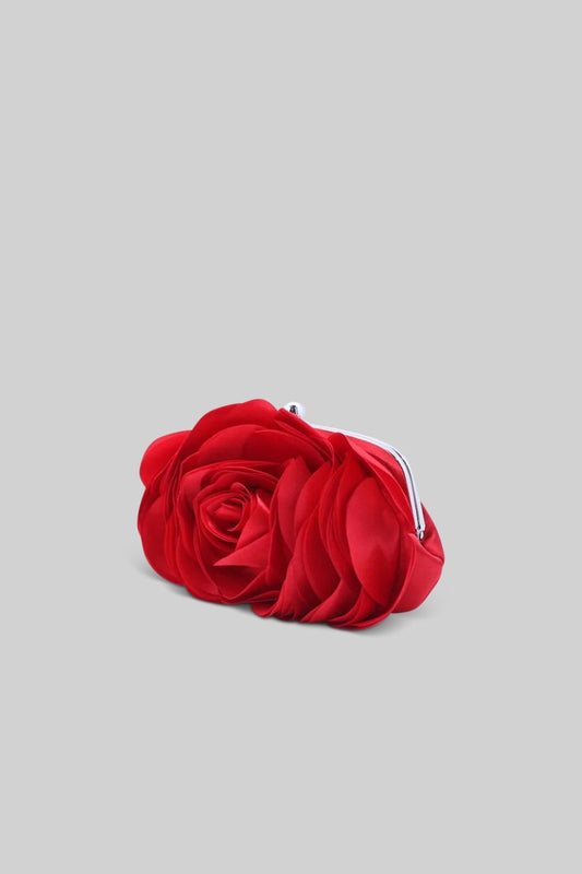 Satin Flower Clutch Bag with Detachable Shoulder Chain – Red