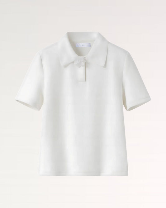 Textured Short Sleeve Polo Shirt with Flower Button Collar – White