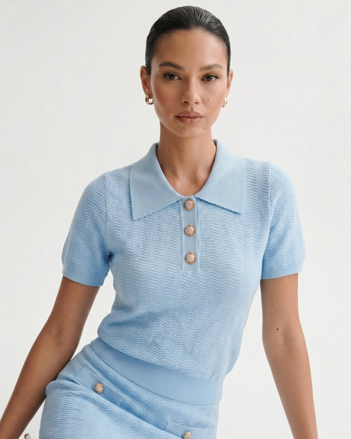 Mira Wool Tailored Polo and A-Line Skirt Set – Light Blue – view 5