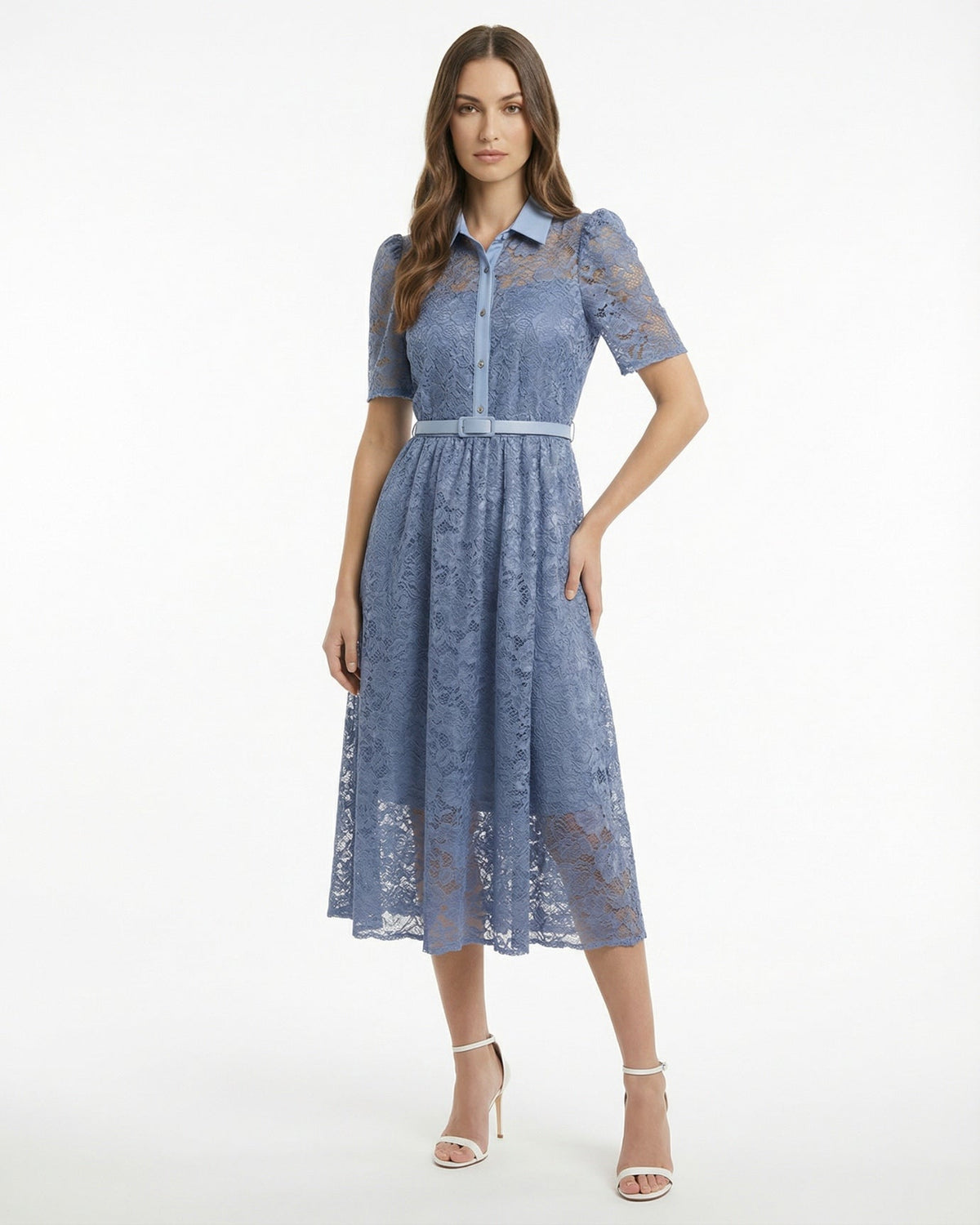 Retro Embroidered High Waisted Polyamide Dress – Blue