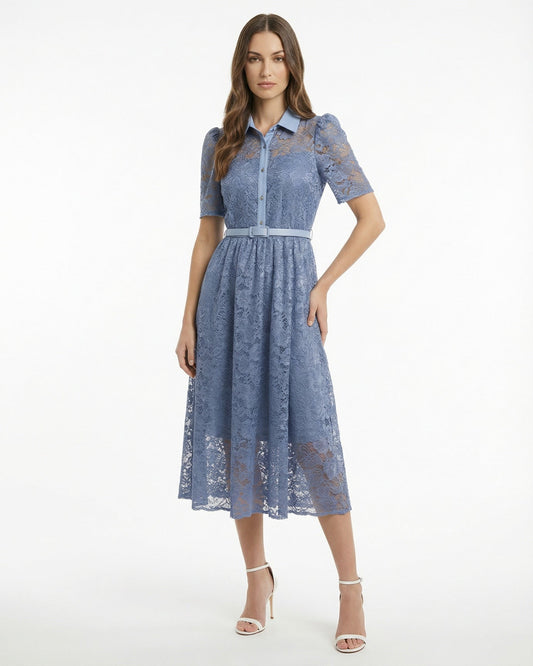 Retro Embroidered High Waisted Polyamide Dress – Blue