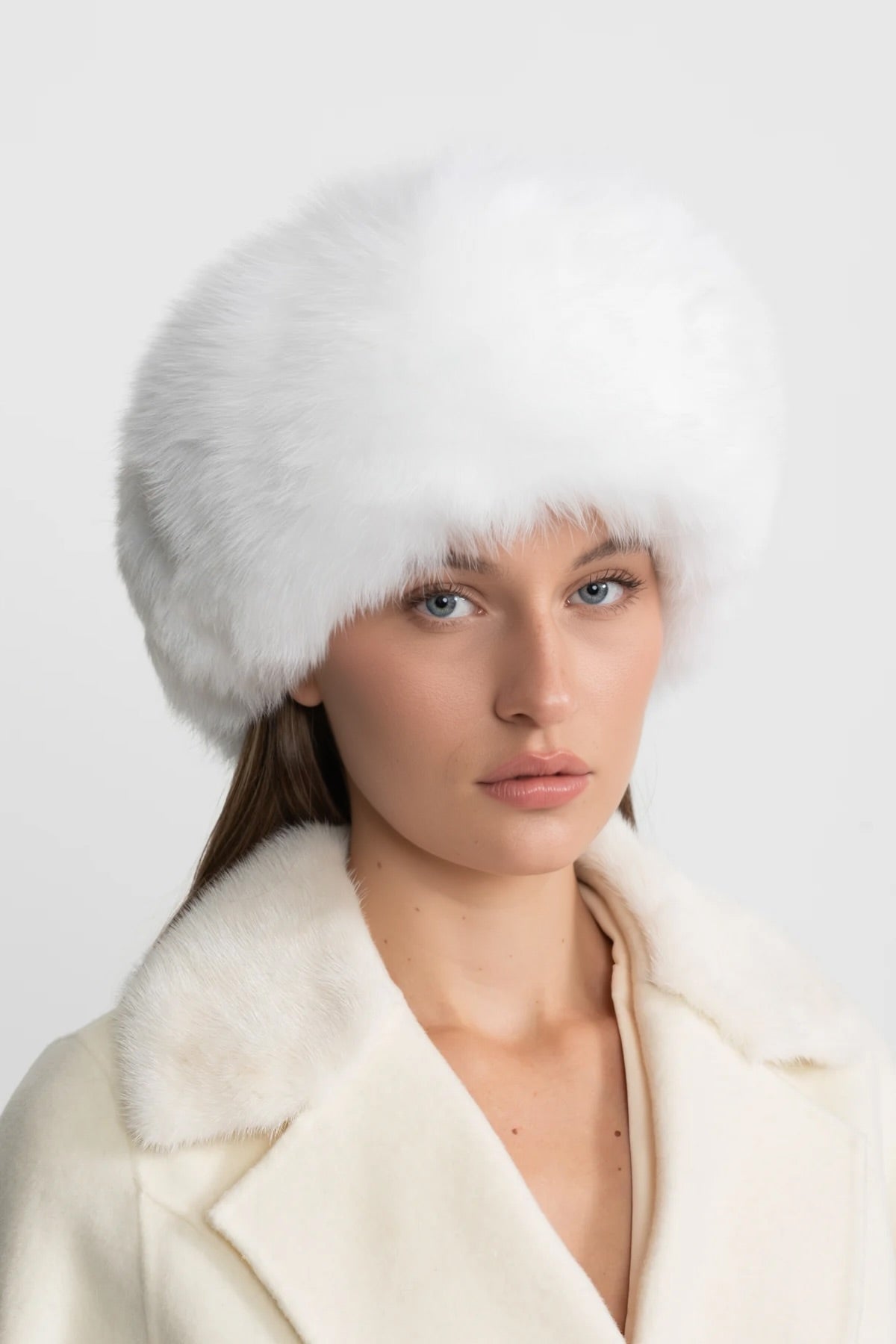 Vegan Leather Hat with Plush Trim and Pom-Pom Ties – White – view 1