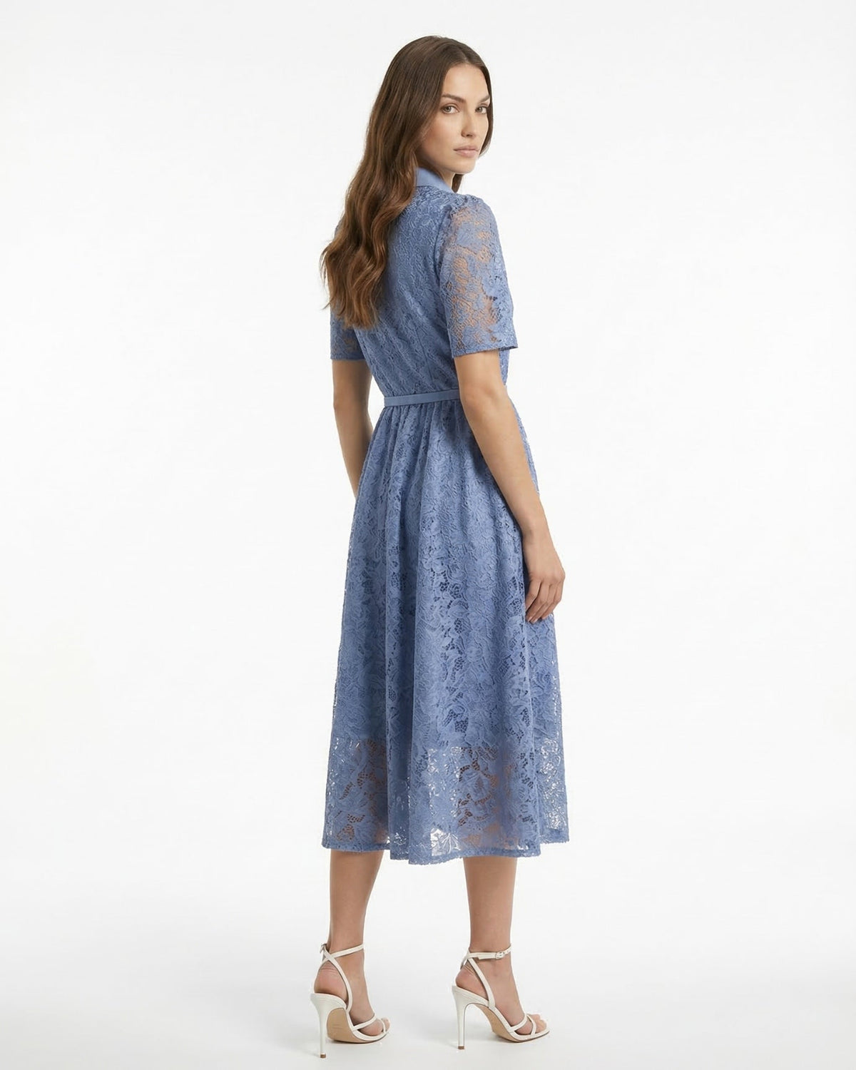 Retro Embroidered High Waisted Polyamide Dress – Blue