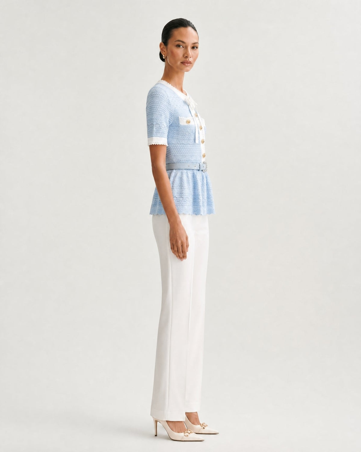 Zira Classic Pearl Fitted Jersey Short Dress with Belt – view 3