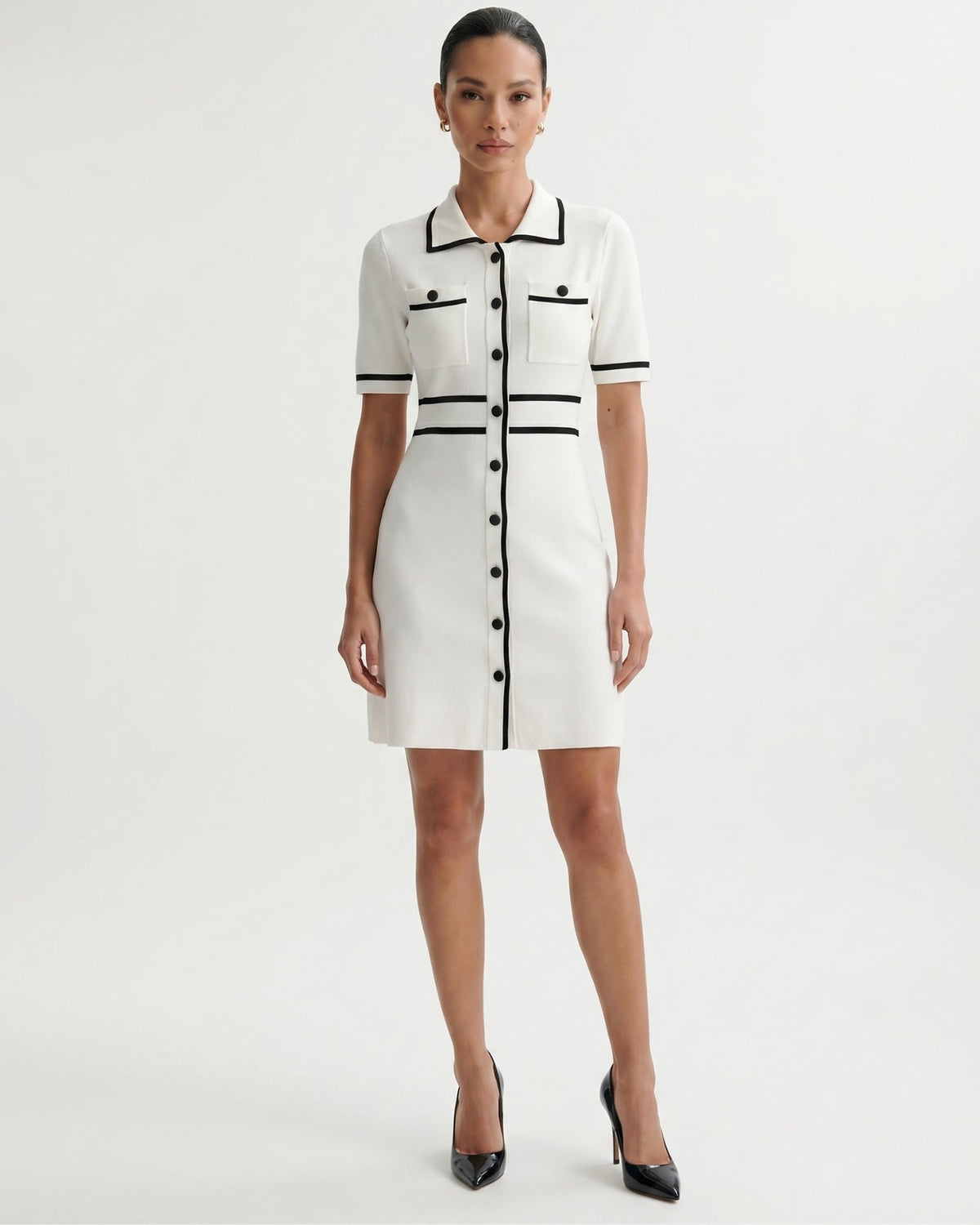 Old Money Knitted Polo Collar Tailored Dress – White