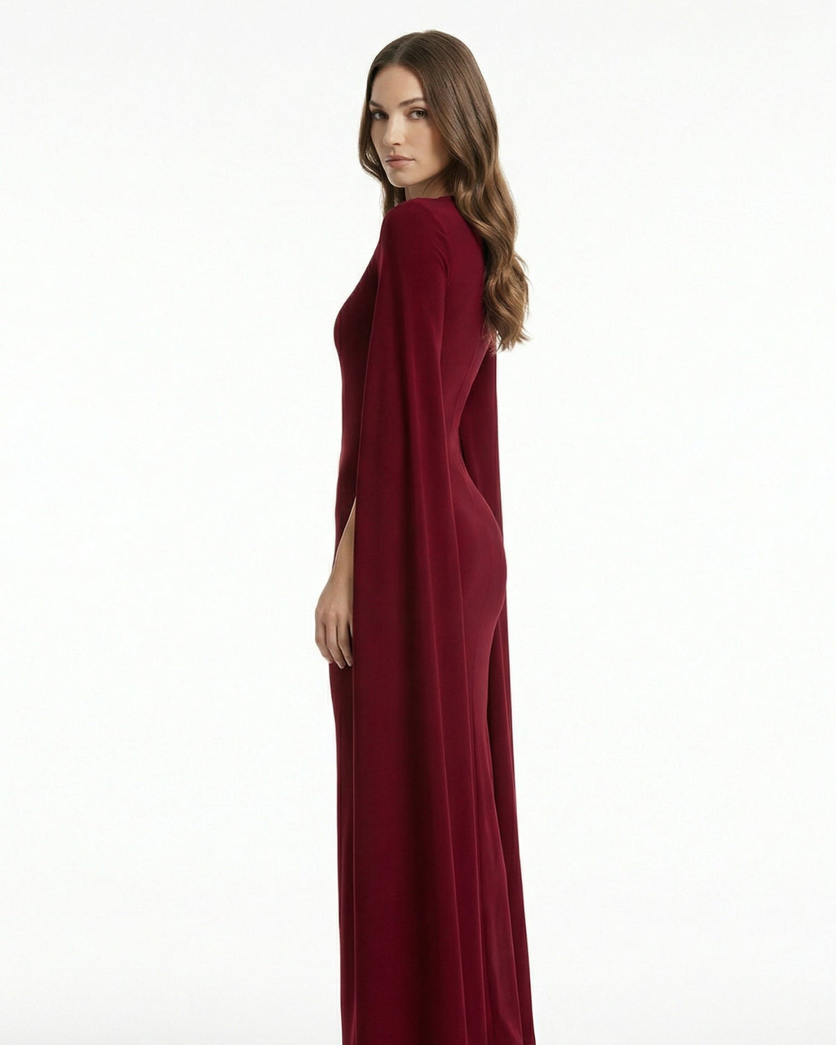 Square Neck Long Sleeve Satin-Finish Dress with High Side Slit