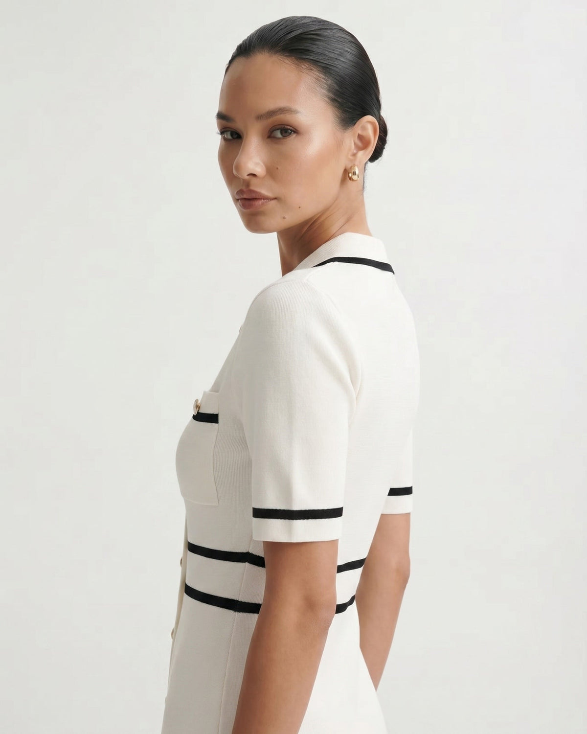 Old Money Knitted Polo Collar Tailored Dress – White – view 4