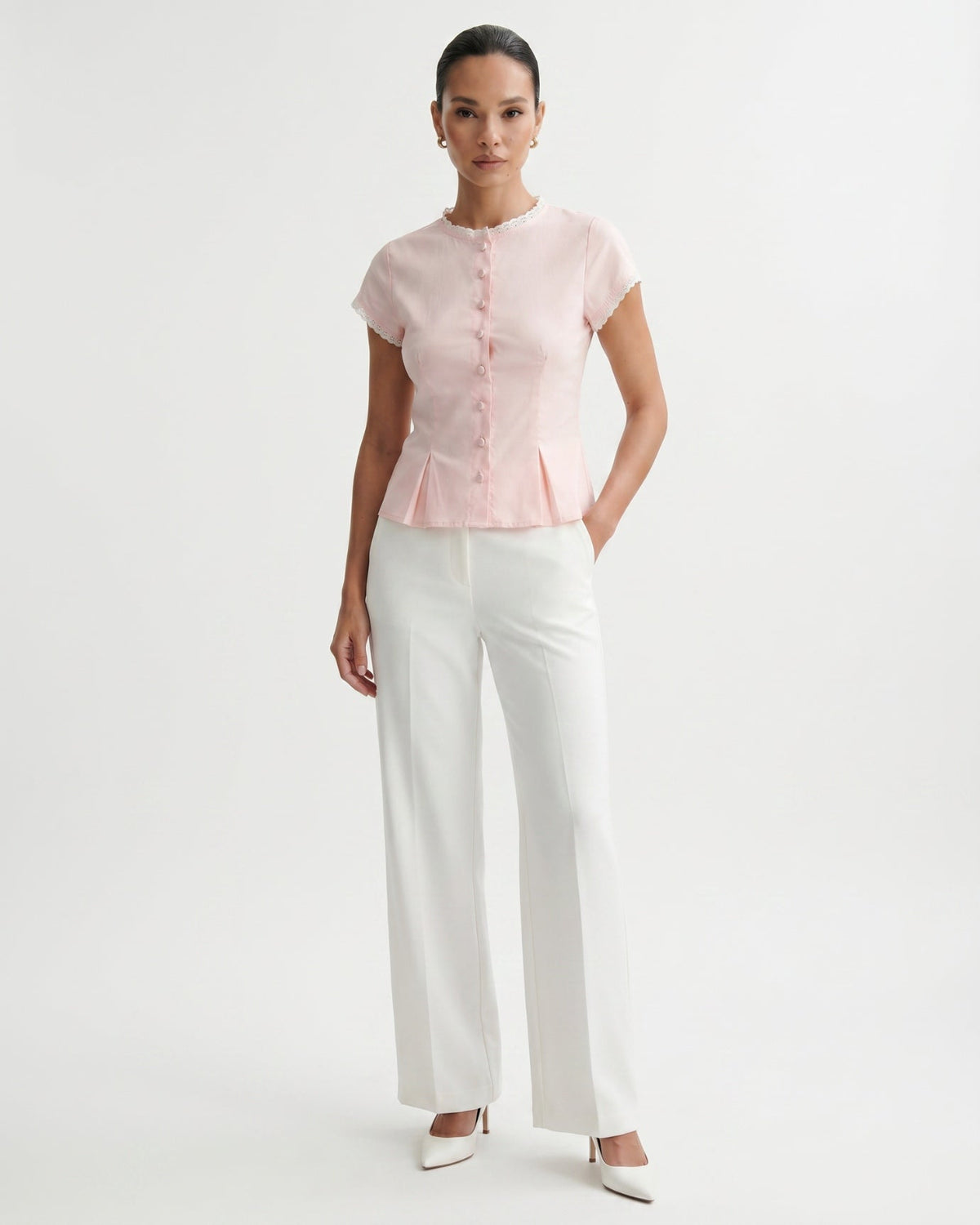 Round Neck Lace Shirt with Tailored Silhouette – Pink – view 2