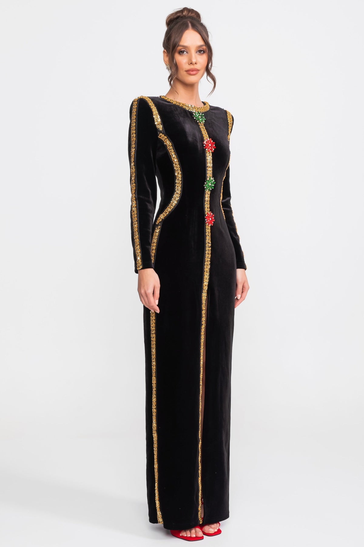 Velvet Column Maxi Dress with Gold Sequin Trim and Crystal Brooches – Black – view 4