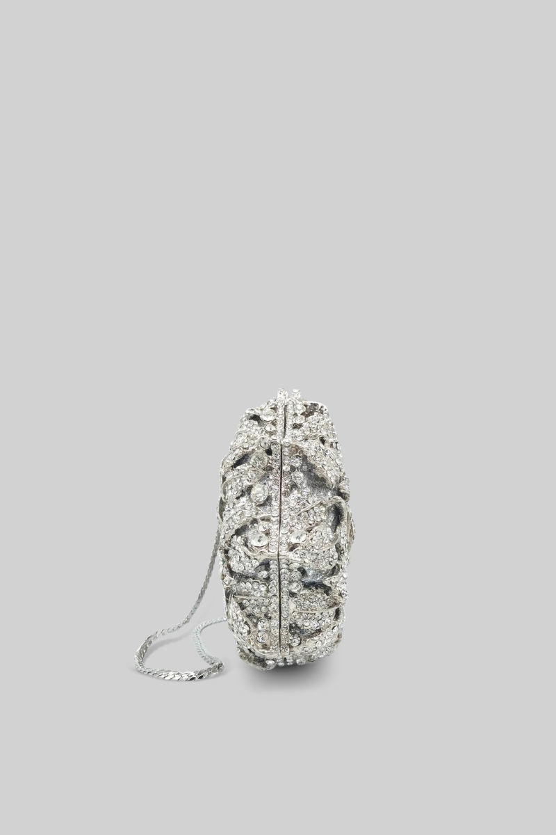 Crystal Embellished Clutch Bag with Chain Strap – Silver – view 4