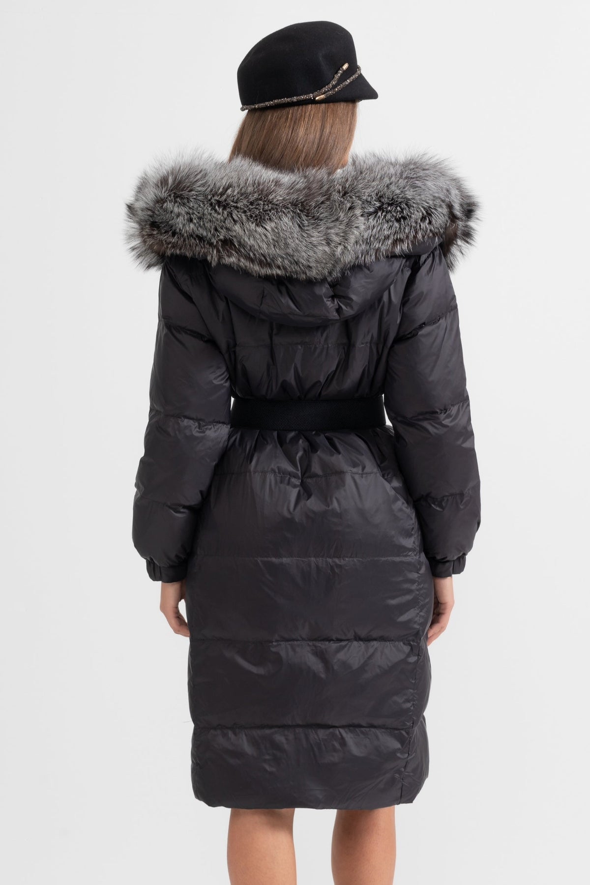 Long Duck Down Puffer Jacket with Grey Lined Hood – Black