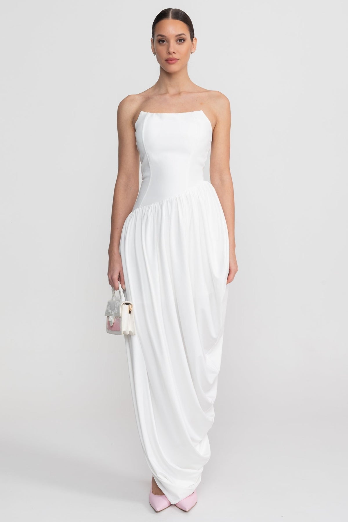 Strapless Maxi Dress with Asymmetric Waist and Cascading Draped Skirt – White