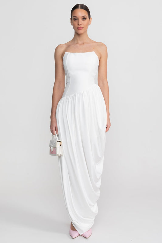 Strapless Maxi Dress with Asymmetric Waist and Cascading Draped Skirt – White
