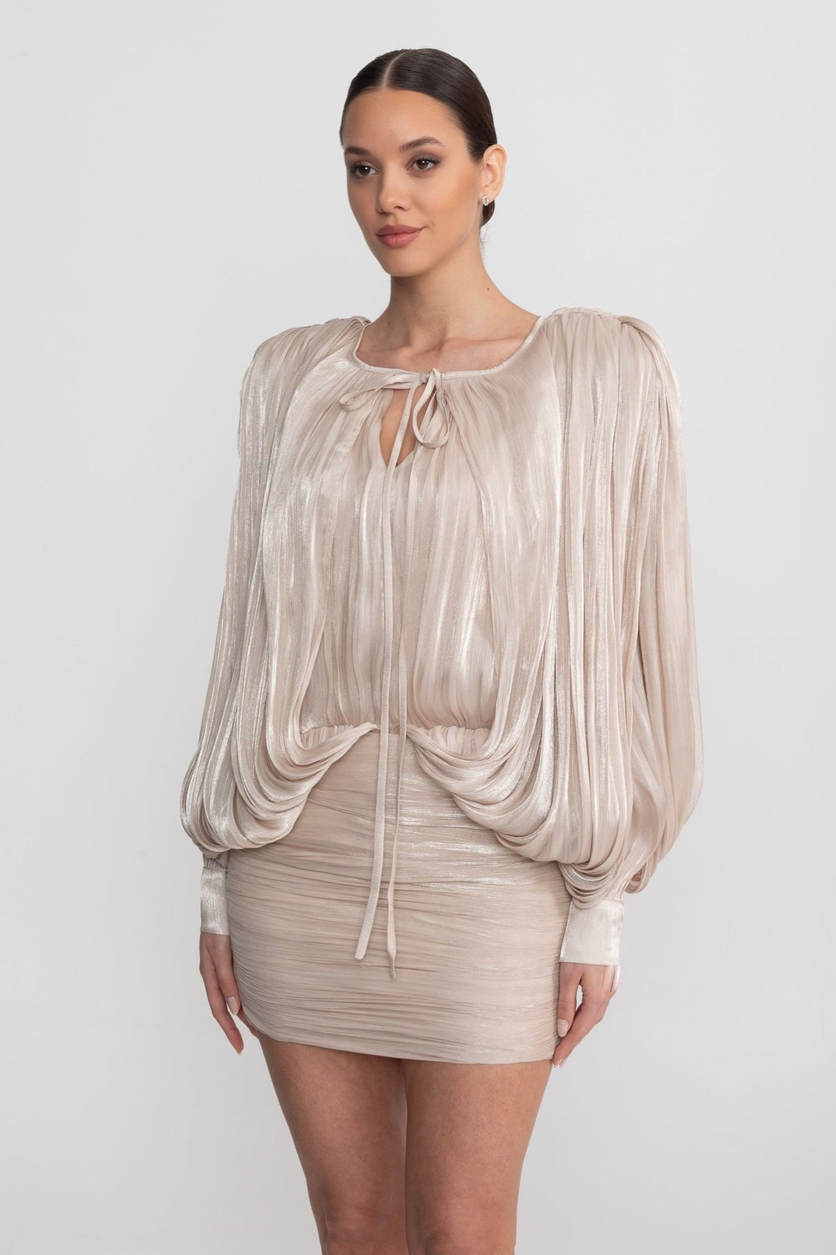 Draped Tie Neck Batwing Sleeve Mini Dress – Champagne – view 4