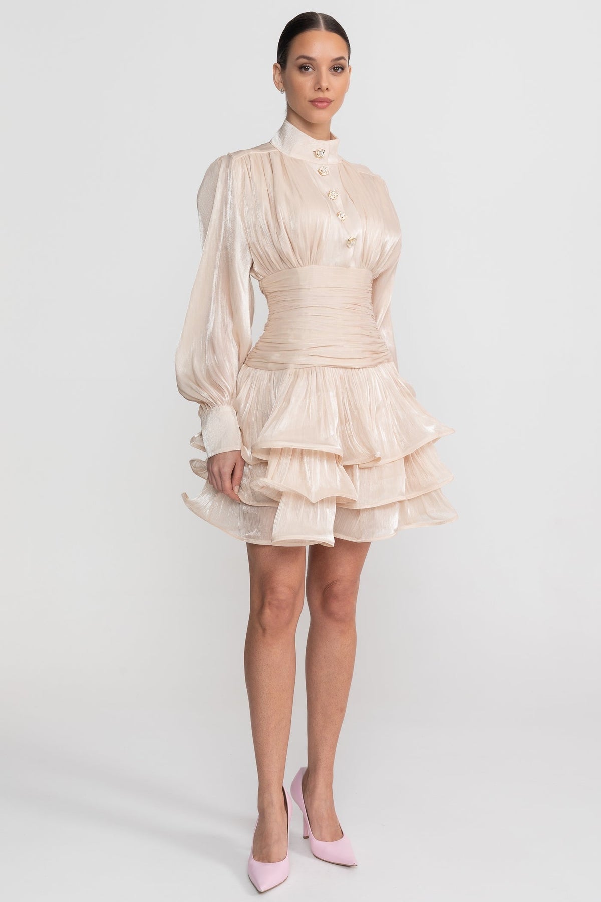 Stand Collar Balloon Sleeve Mini Dress with Tiered Ruffle Skirt – Champagne – view 3