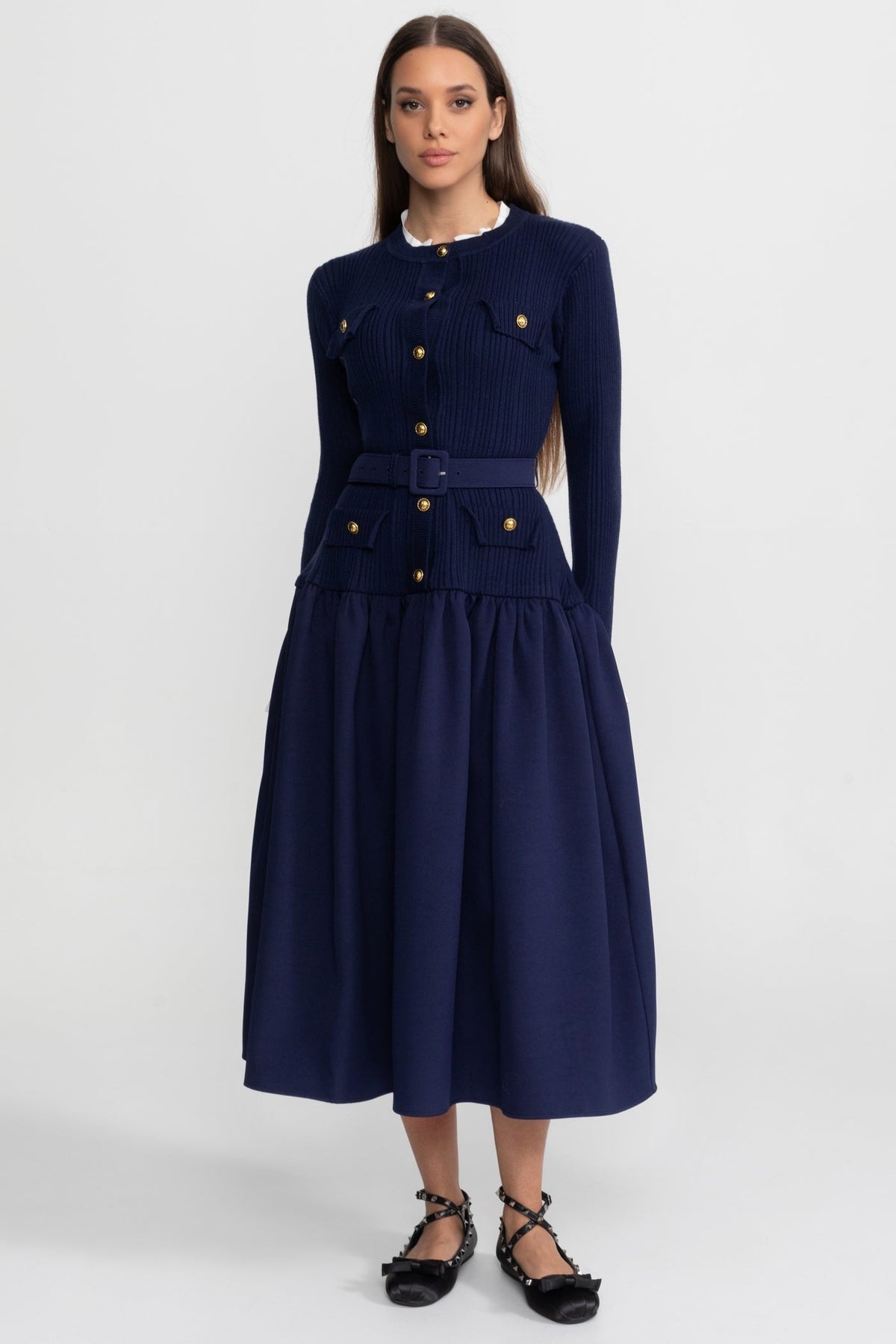 Ribbed Knit Belted Midi Dress with Gold Buttons and Pleated Skirt – Navy – view 1