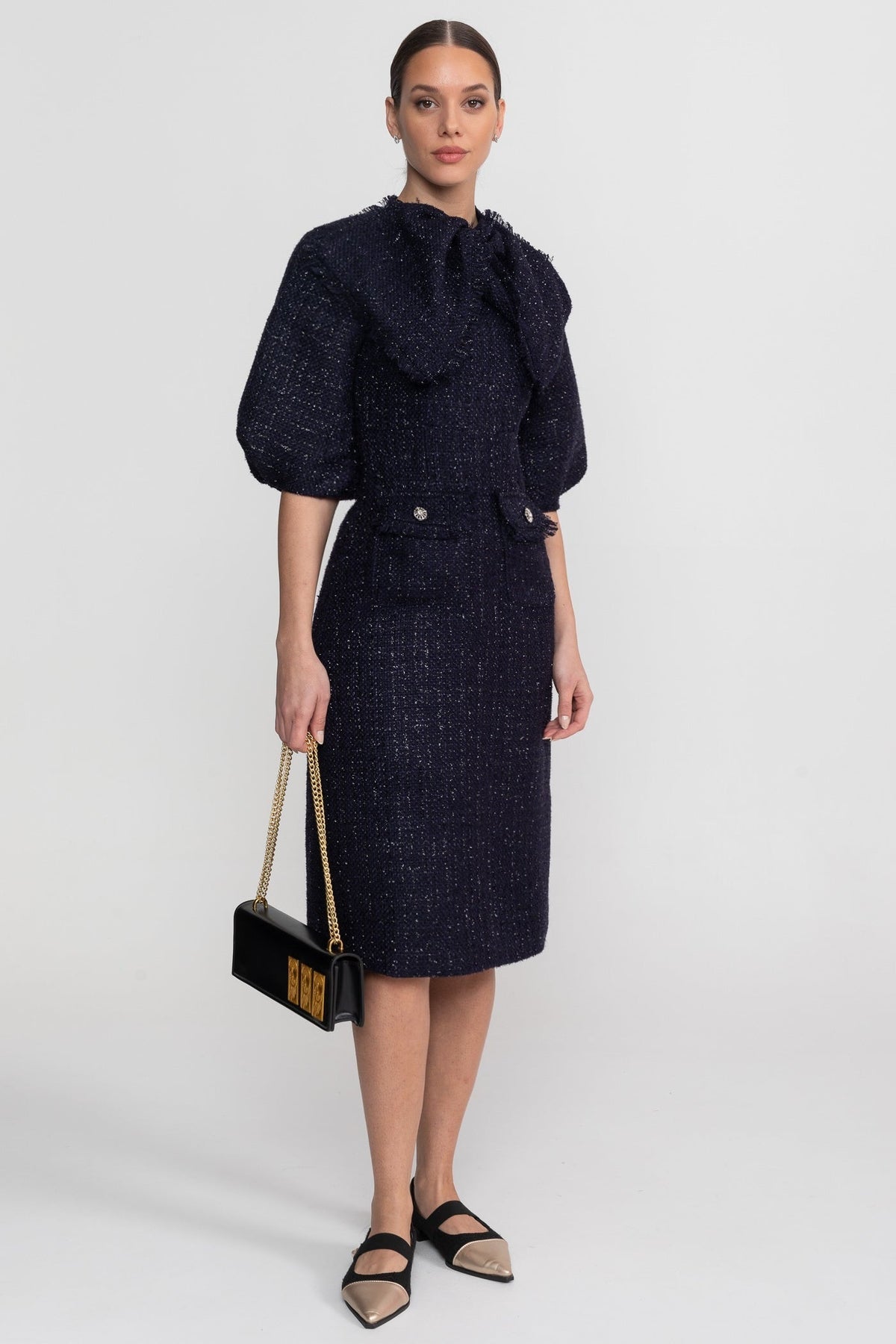 Tweed Midi Dress with Oversized Bow Neck and Puff Sleeves – Navy – view 1