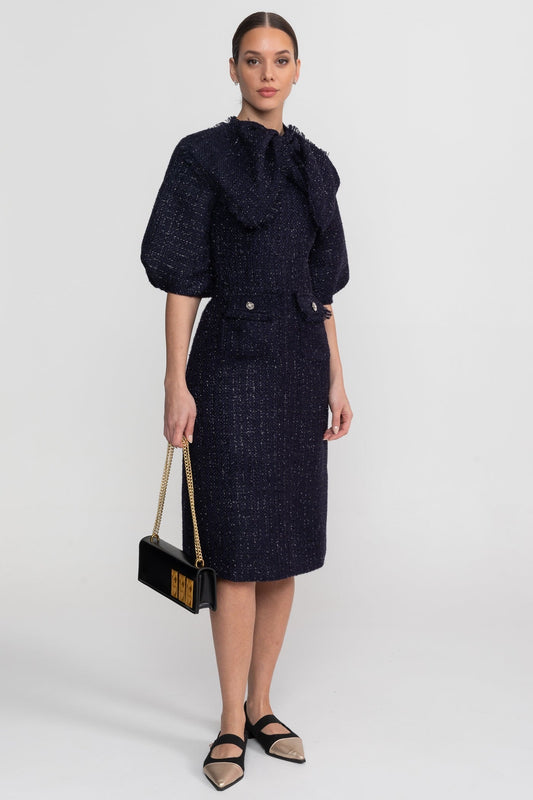 Tweed Midi Dress with Oversized Bow Neck and Puff Sleeves – Navy