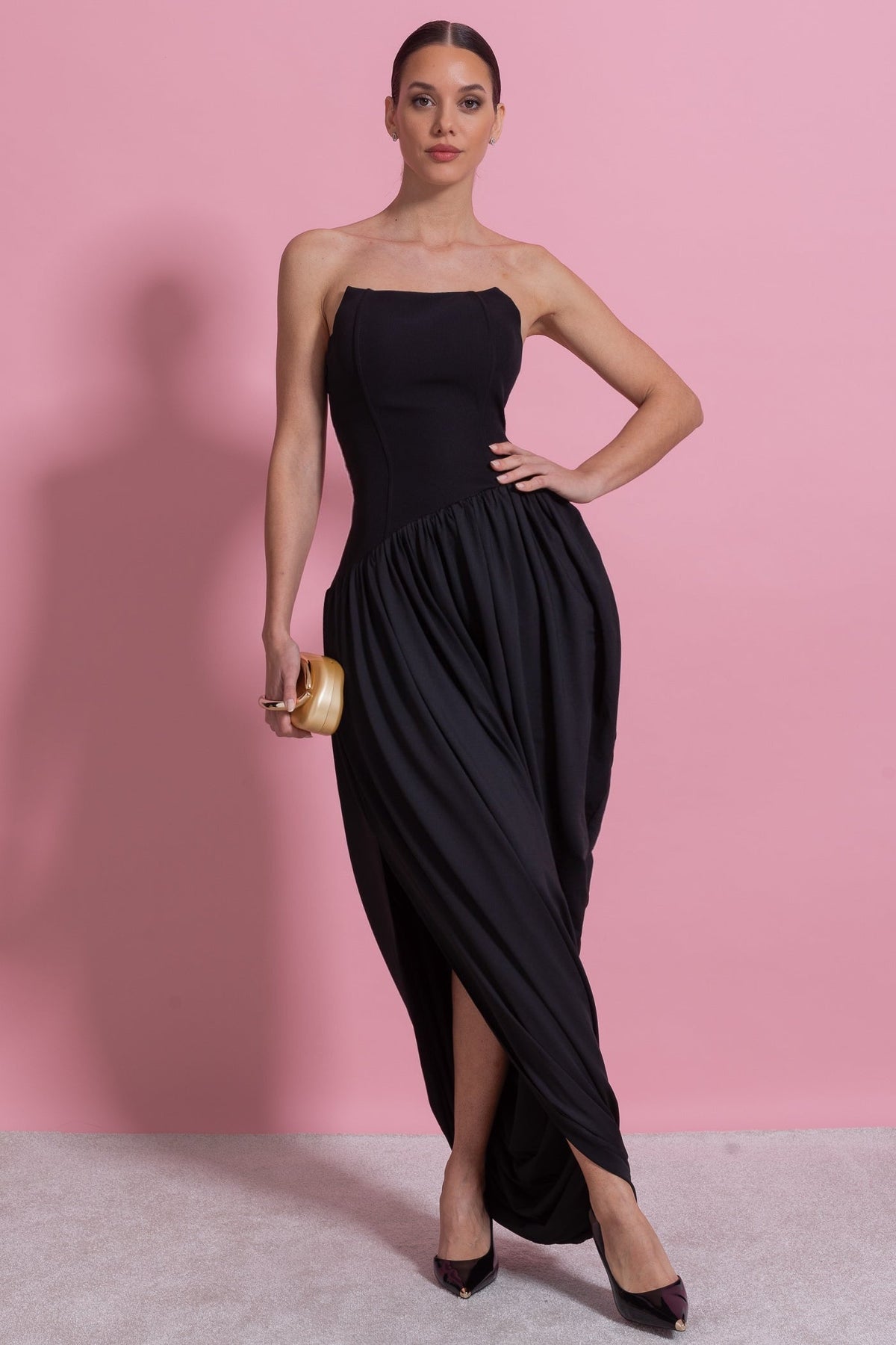 Strapless Crepe-Effect Maxi Dress with Asymmetric Draped Skirt – Black – view 4