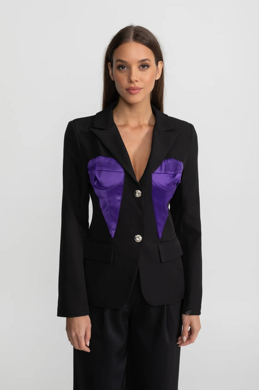 Tailored Blazer with Satin Bust Panels and Crystal Buttons – Black & Purple