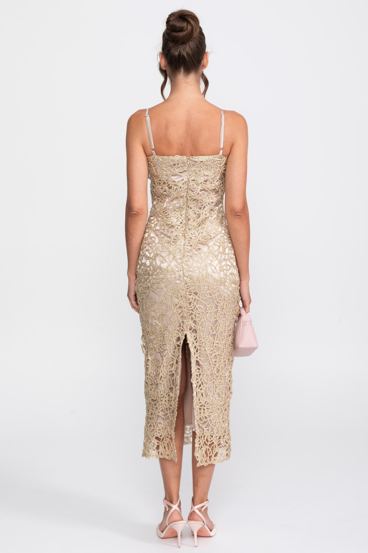 Metallic Crochet Lace Square Neck Sheath Midi Dress – Gold
