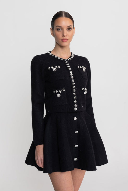 Crystal Embellished Knit Cardigan and Pleated Mini Skirt Set – Black