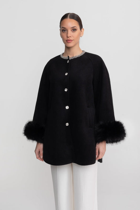 Longline Coat with Pearl Embellished Neckline and Faux Fur Cuffs – Black