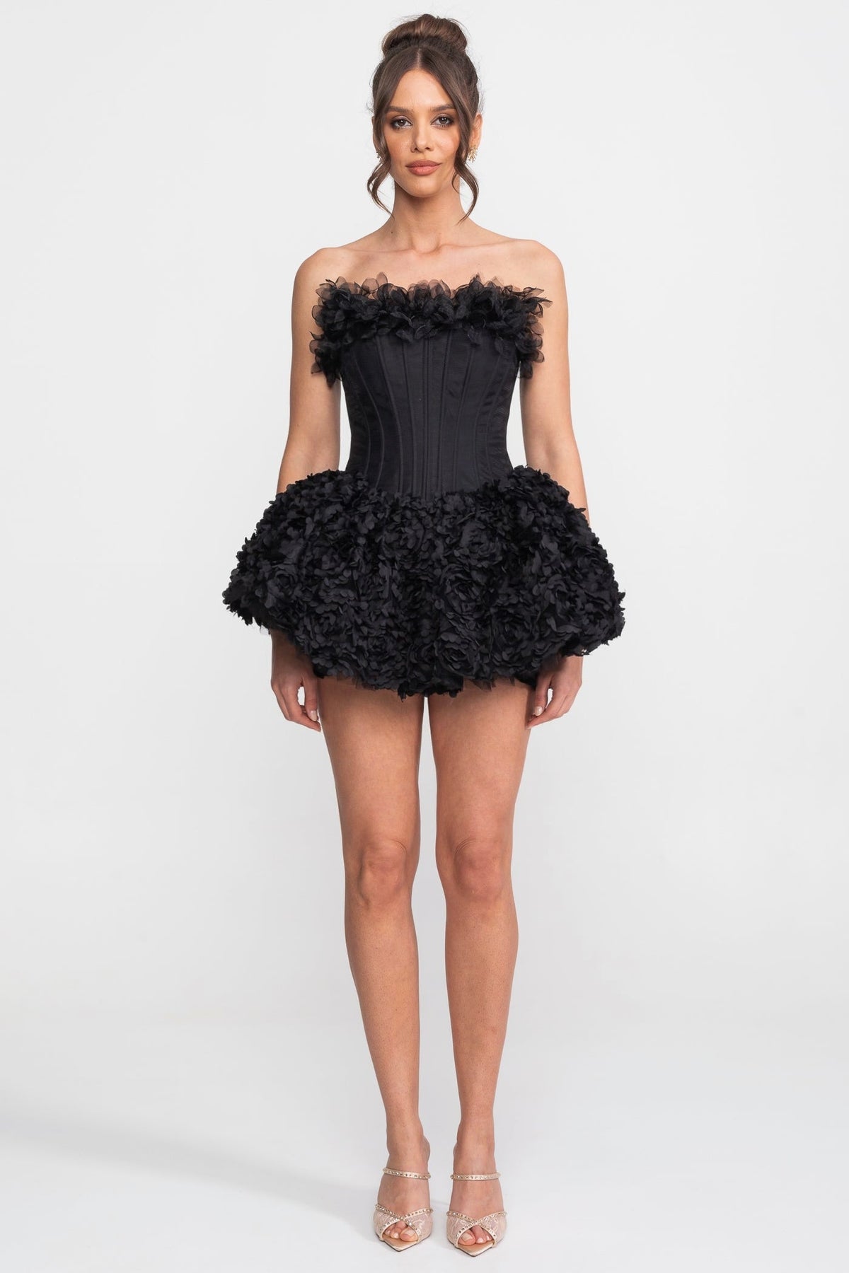 Strapless Boned Corset Mini Dress with 3D Rose Appliqué Skirt – Black – view 4