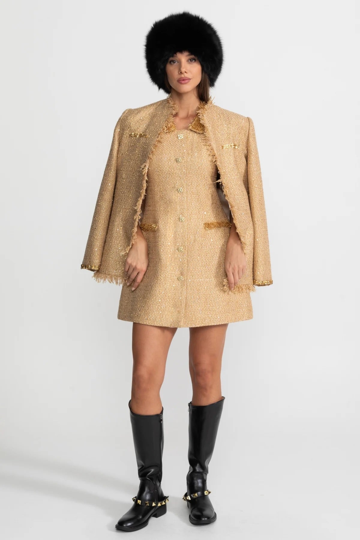 Textured Tweed Overcoat with Sequin Embellishments and Fringe Trim – Gold – view 1