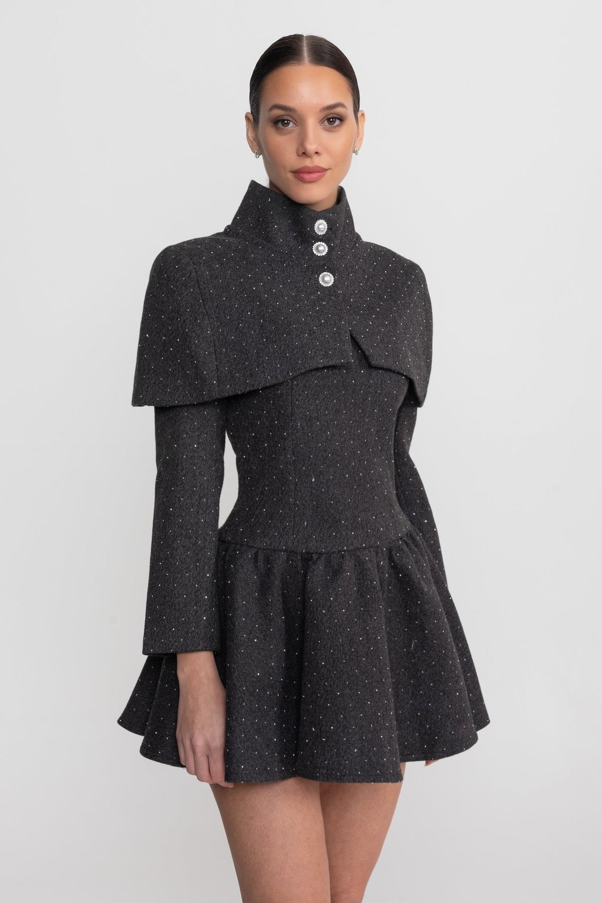 Long Sleeve Mini Dress with Stand Collar and Detachable Cape – Charcoal