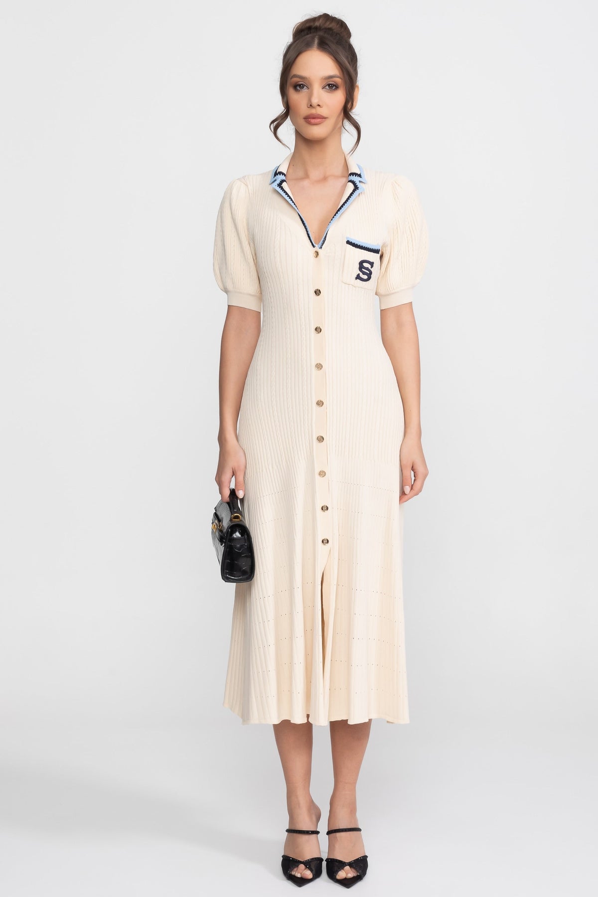 Ribbed Knit Polo Collar Puff Sleeve Midi Dress with Monogram Pocket – Cream