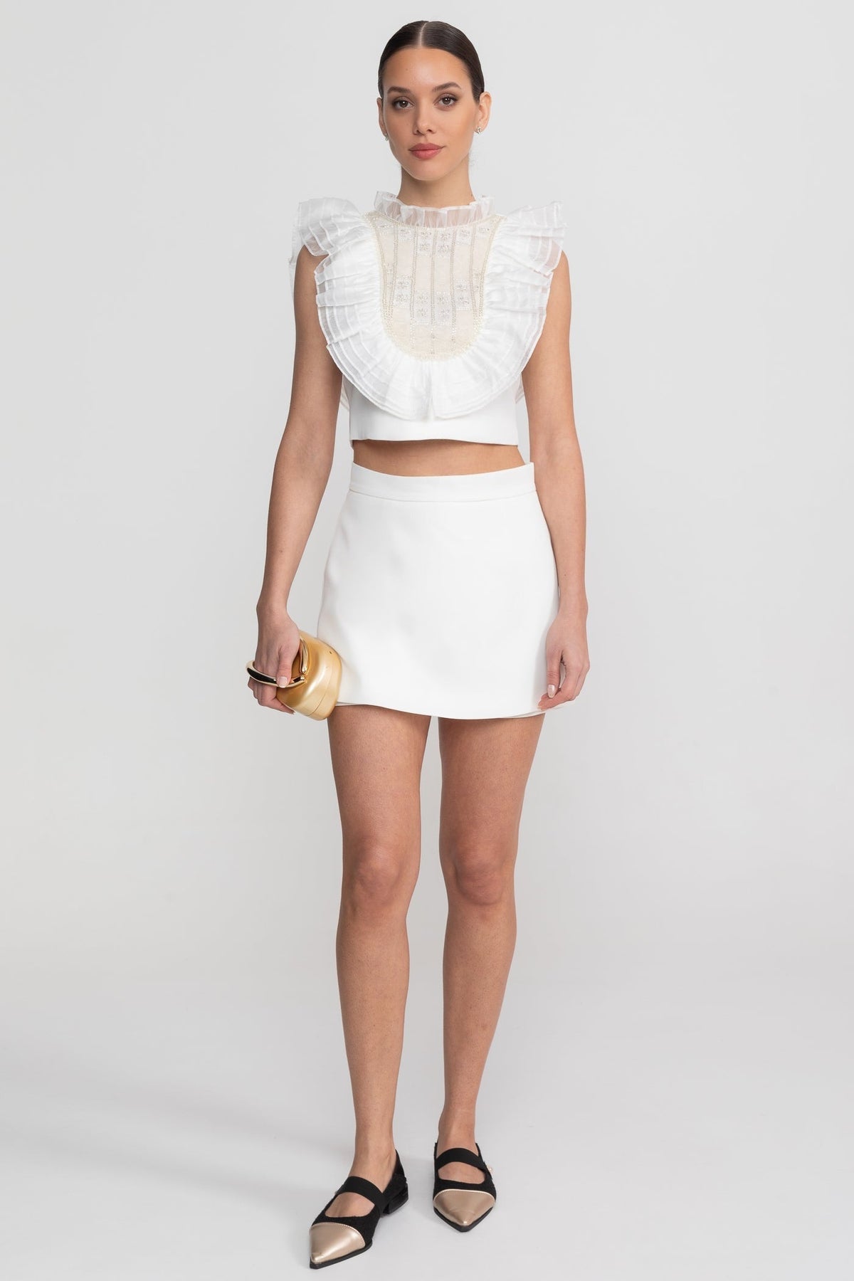 Sleeveless Pleated Ruffle Bib Crop Top and Mini Skirt Set – White