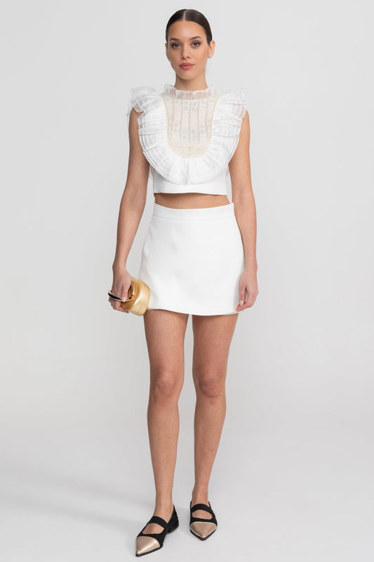 Sleeveless Pleated Ruffle Bib Crop Top and Mini Skirt Set – White