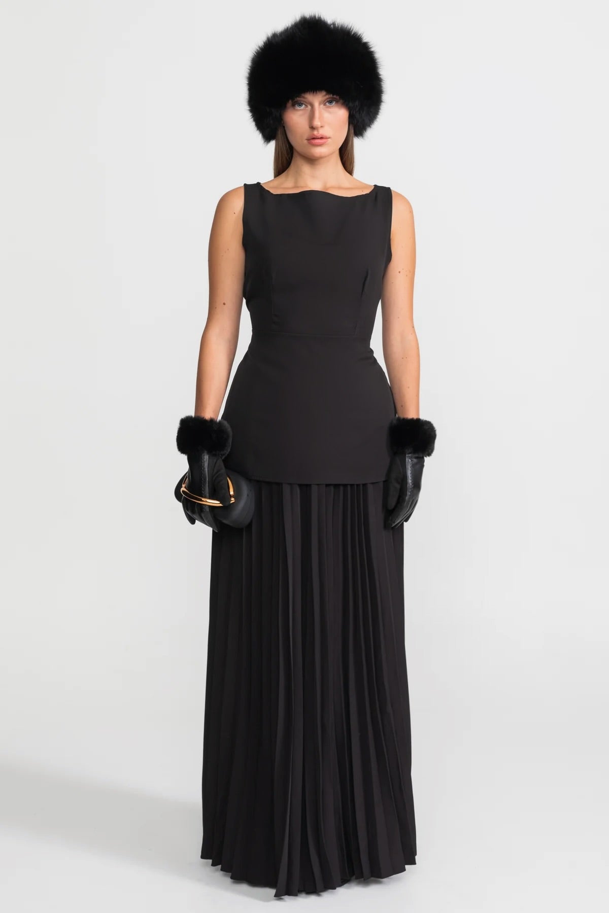 Sleeveless Bateau Neck Tailored Top and Pleated Maxi Skirt Set – Black