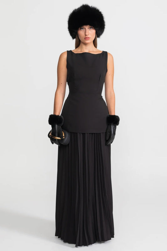 Sleeveless Bateau Neck Tailored Top and Pleated Maxi Skirt Set – Black