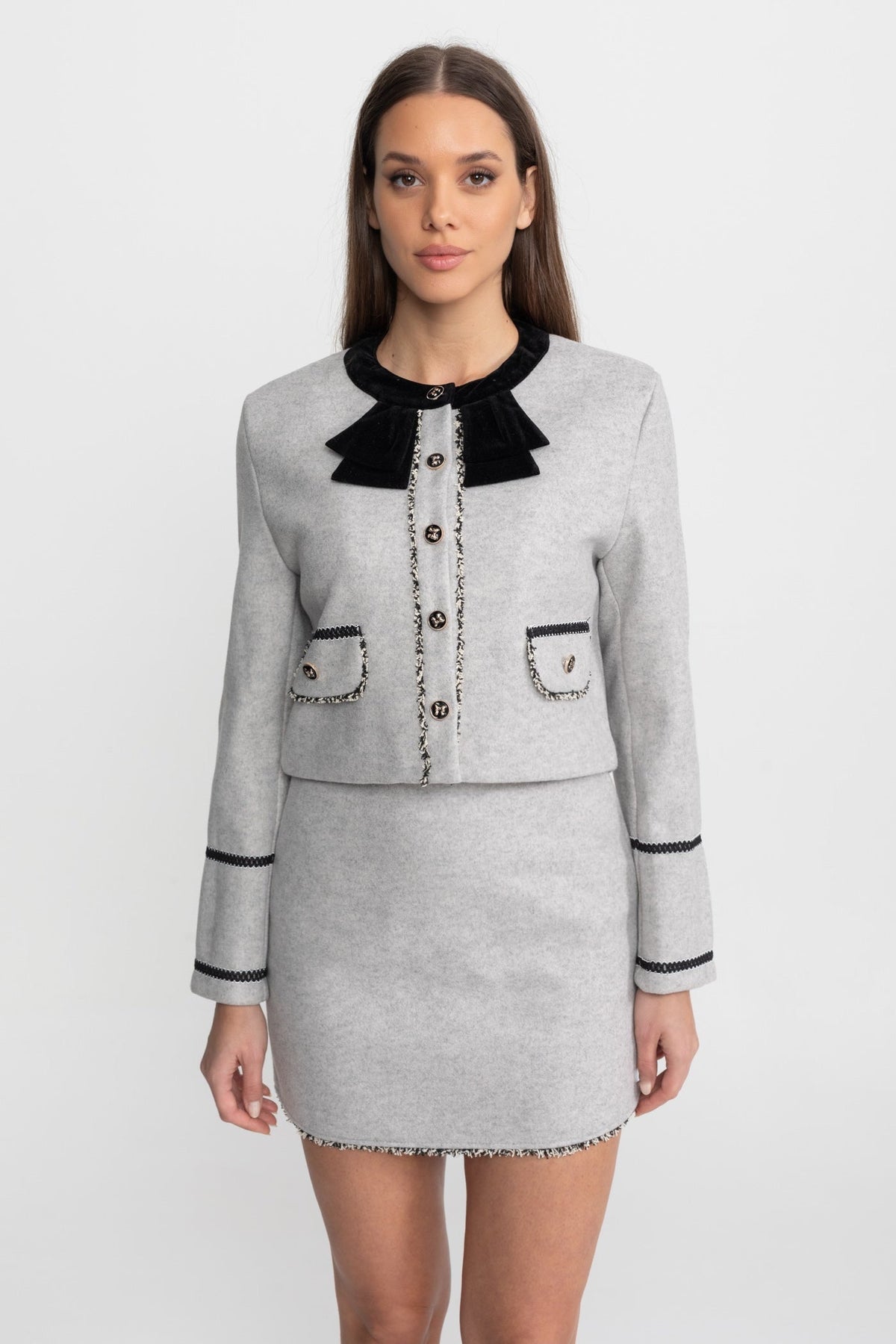 Cropped Jacket and Mini Skirt Co-ord Set with Velvet Bow Collar – Grey – view 3