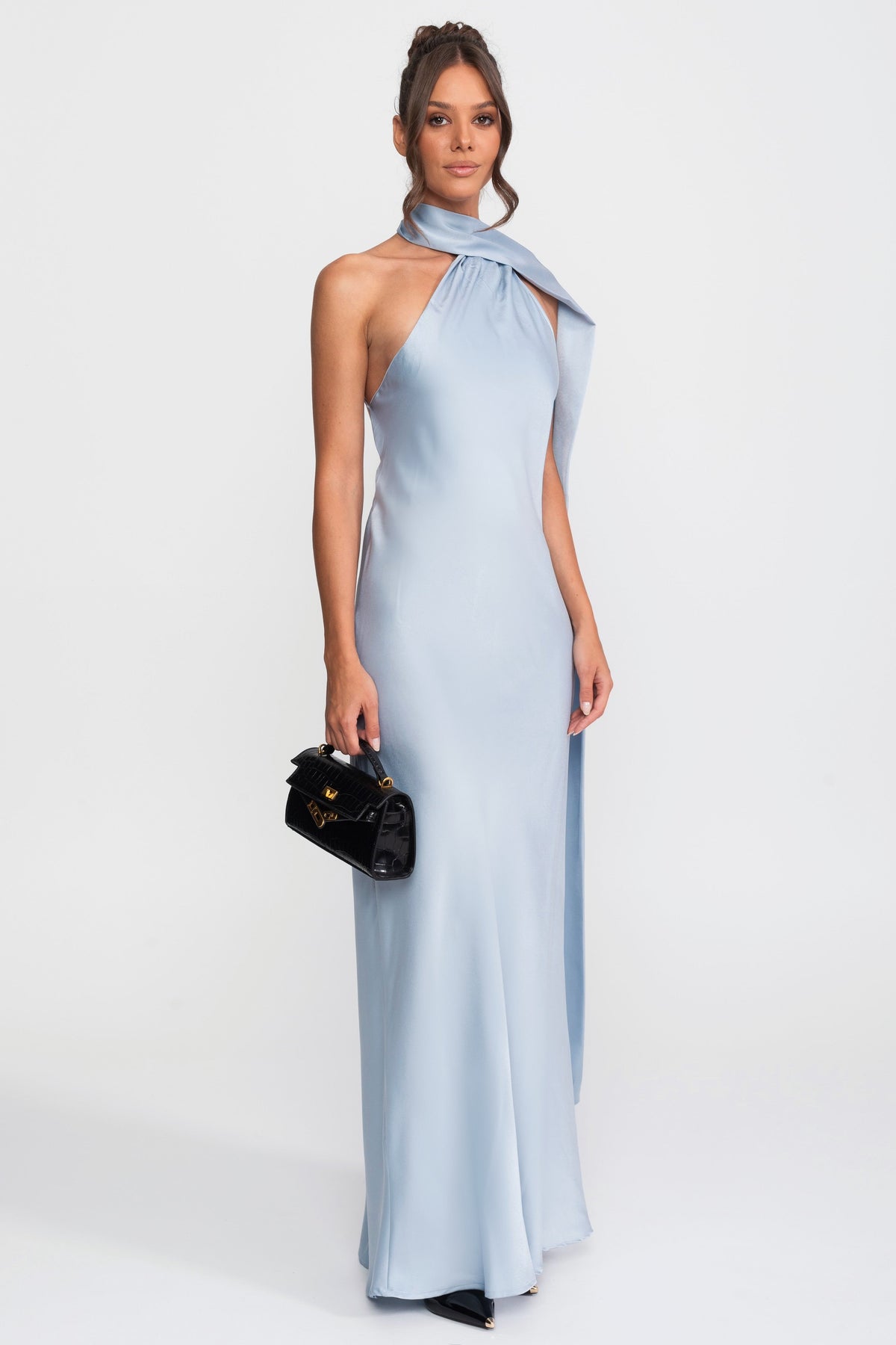Twist Halter Satin Slip Dress with Asymmetric Neckline – Blue – view 3