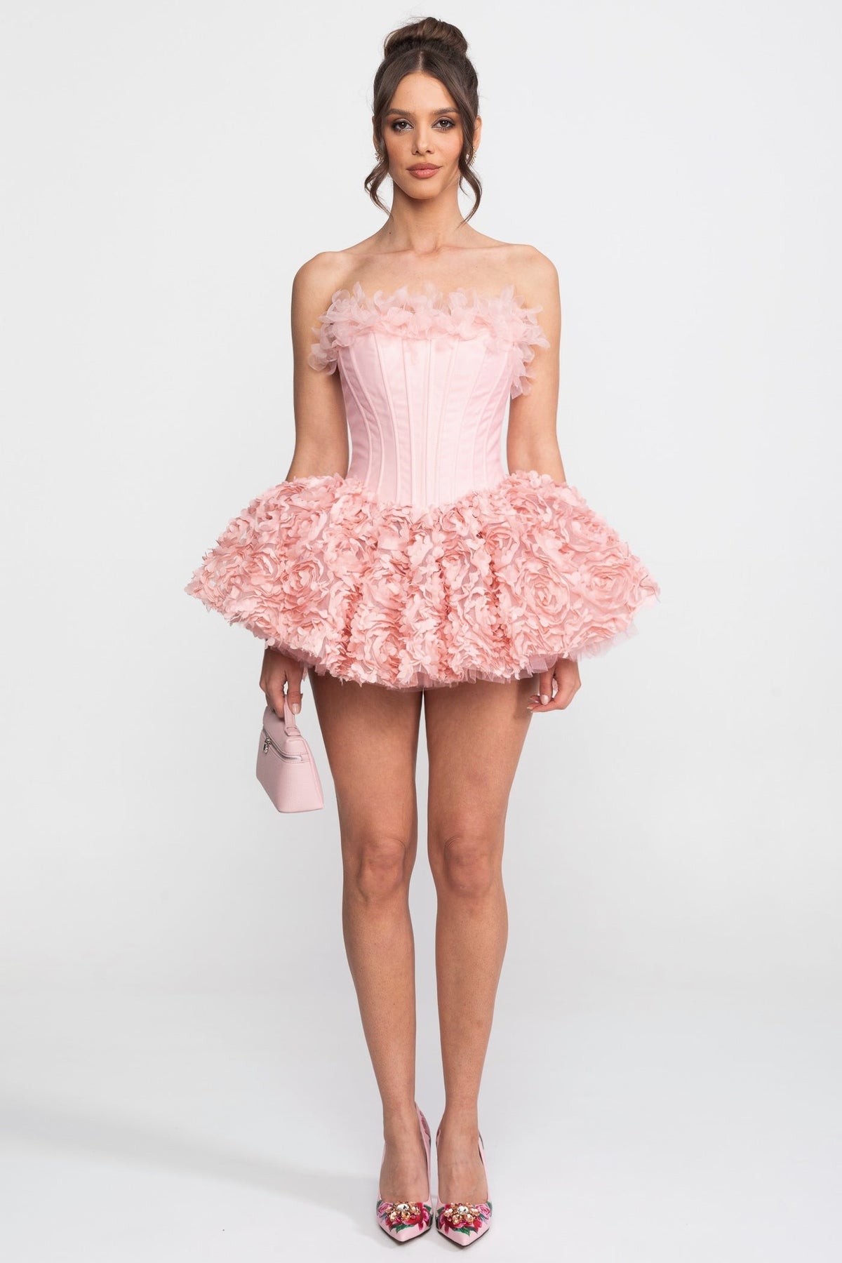 Strapless Satin Corset Mini Dress with 3D Rose Appliqué Skirt – Pink