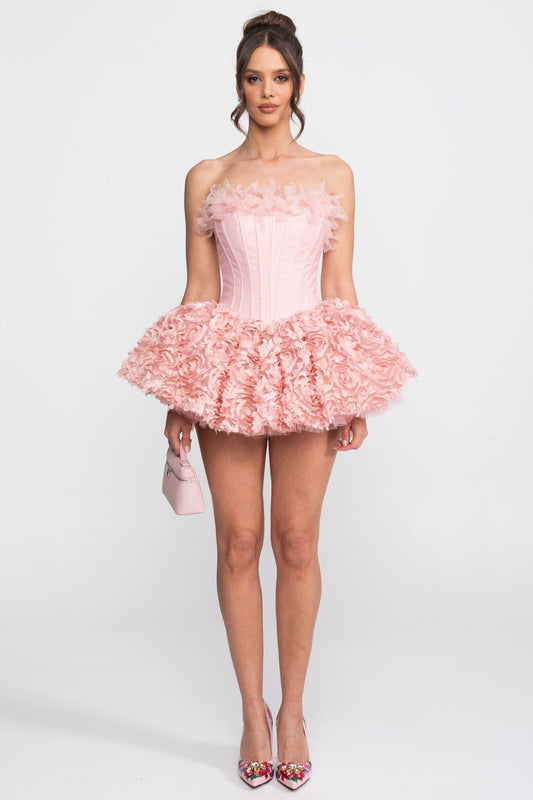 Strapless Satin Corset Mini Dress with 3D Rose Appliqué Skirt – Pink