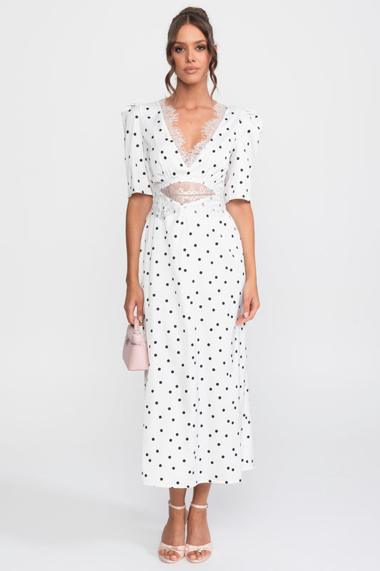 Satin Polka Dot Puff Sleeve Midi Dress with Lace Trim – White