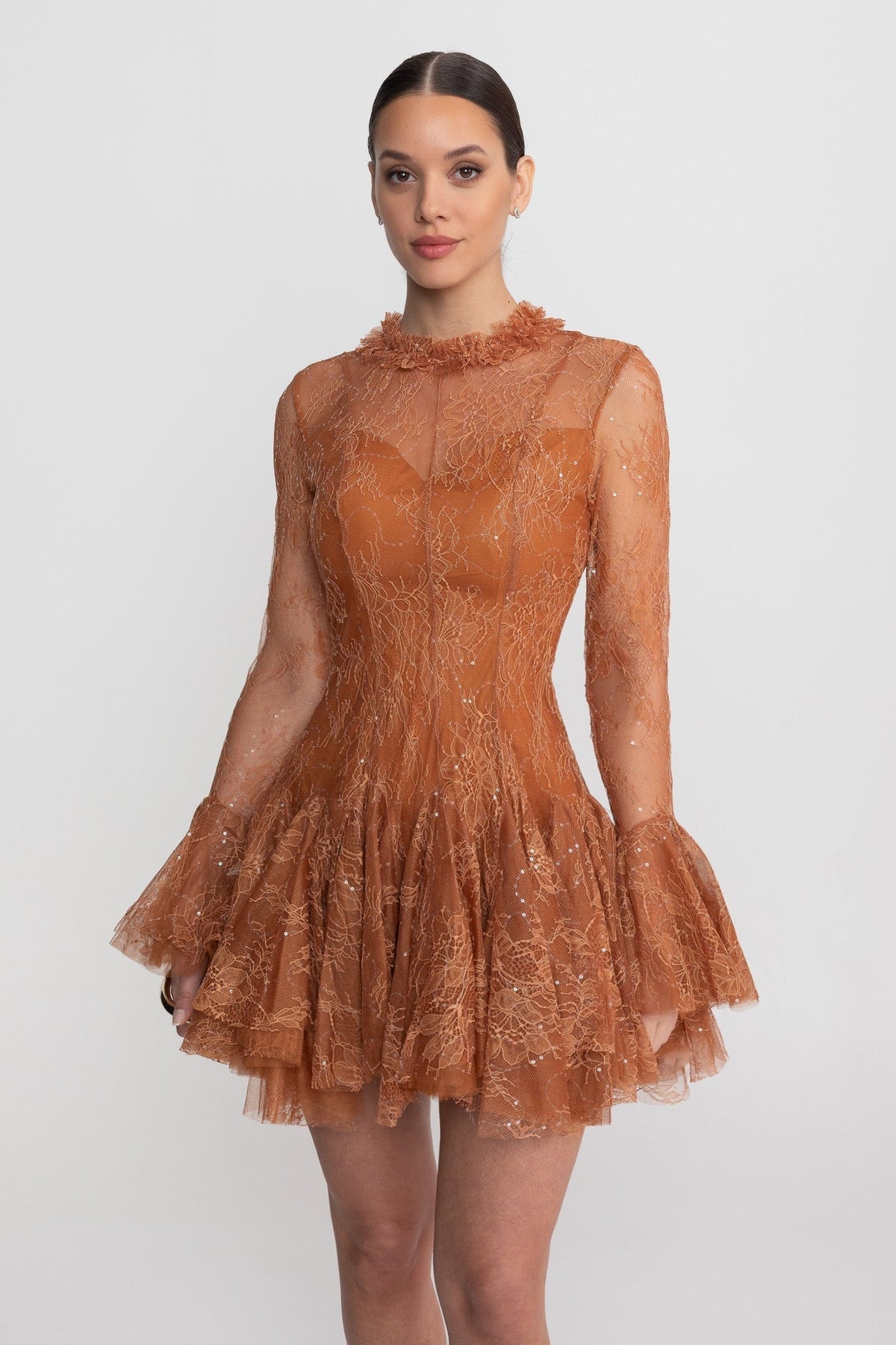 Sheer Lace High Neck Long Sleeve Mini Dress with Ruffled Hem – Rust – view 4