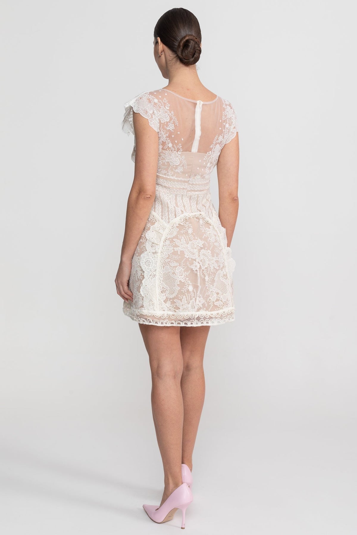Lace Cap Sleeve Mini Dress with Sheer Yoke and Pearl Buttons – Ivory – view 7
