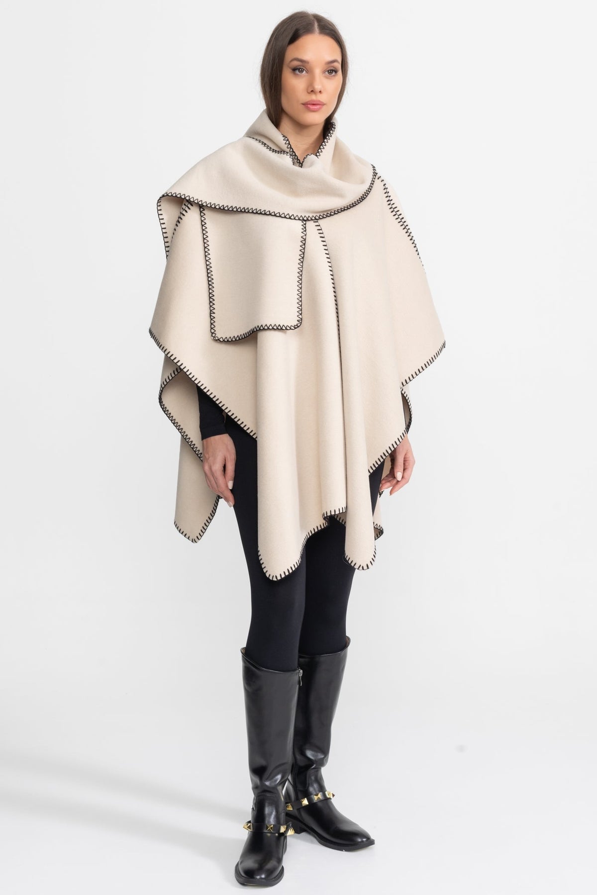 Wool Blend Poncho with Contrast Whipstitch Edging – Ivory