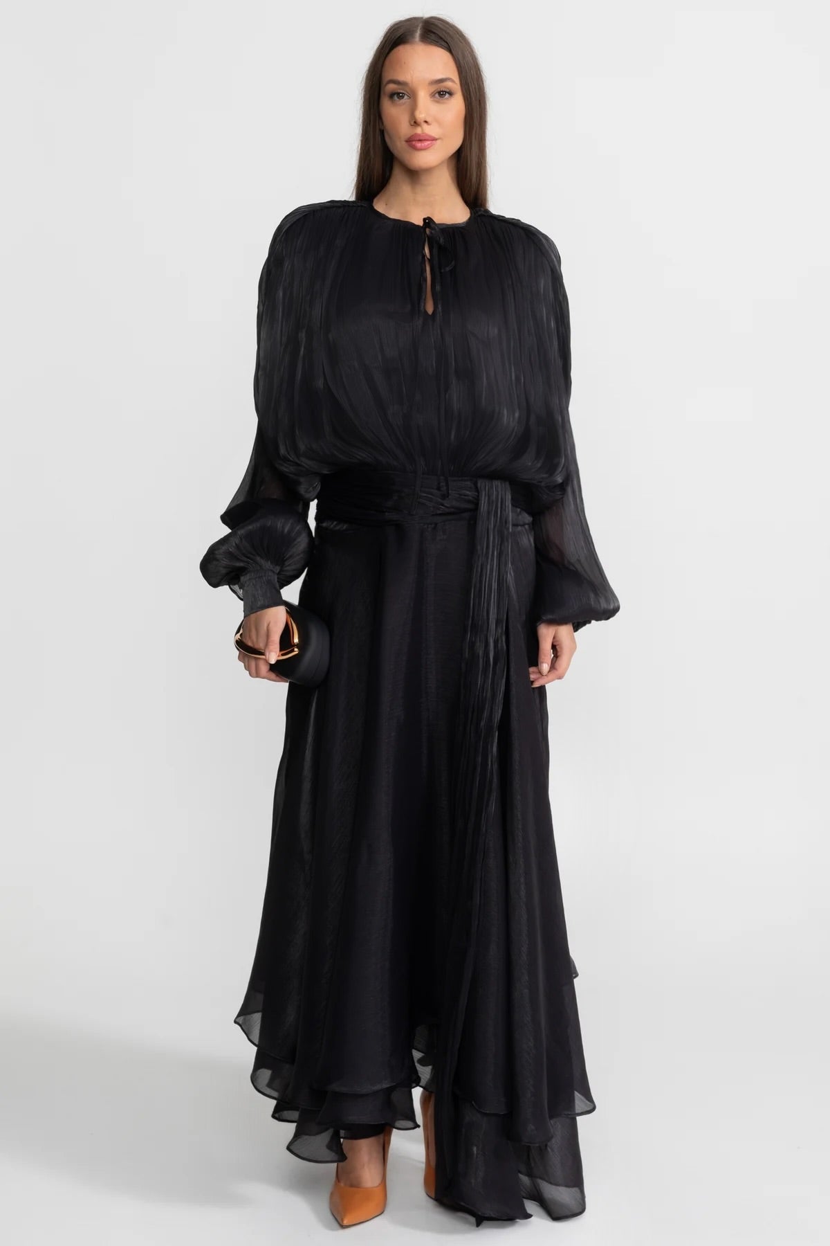 Pleated Bodice Tie Neck Maxi Dress with Draped Skirt – Black – view 1