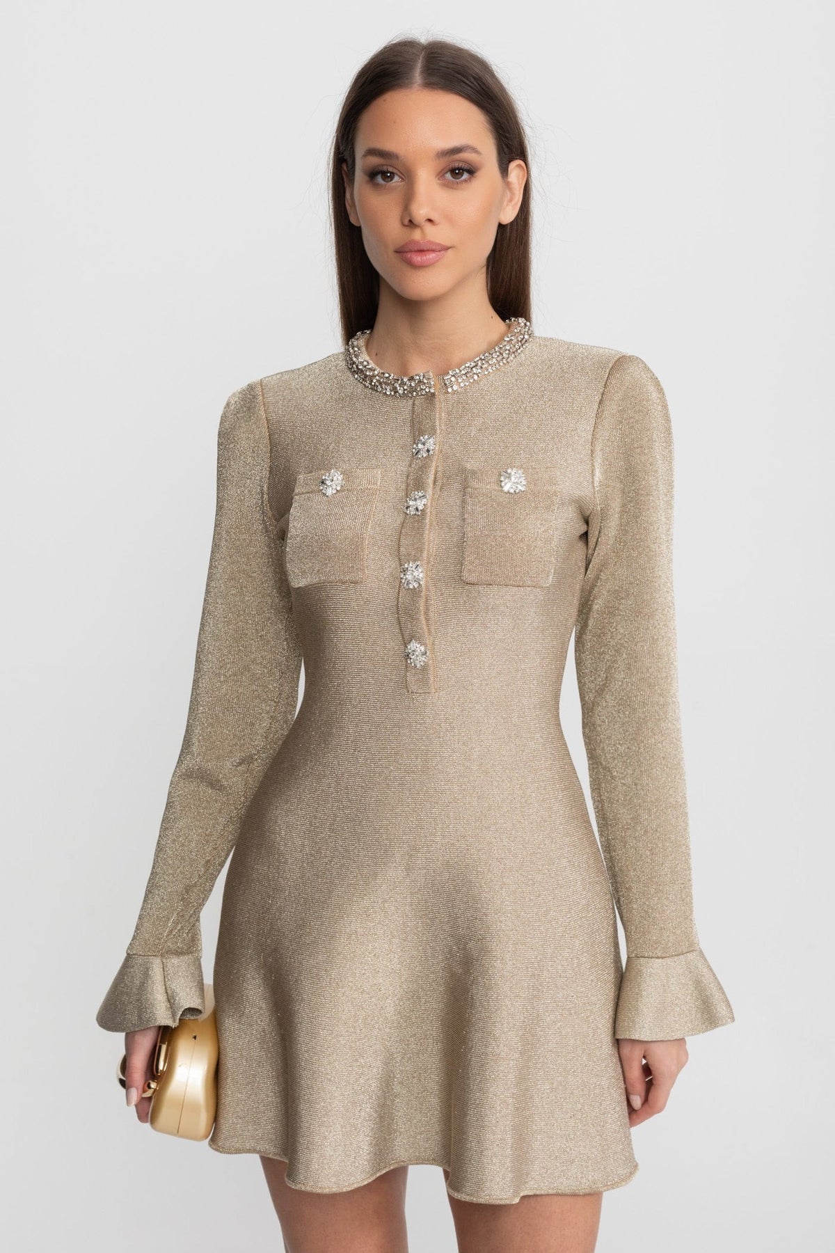 Shimmer Knit Long Sleeve Mini Dress with Crystal Buttons – Champagne – view 1